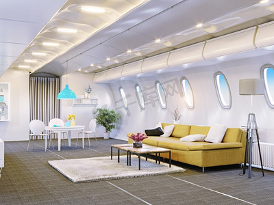 飞机机舱作为起居室。VIP飞行概念。3D渲染