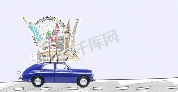 开车旅行。世界各地蓝色复古玩具车与著名纪念碑驾驶的旅行箱。