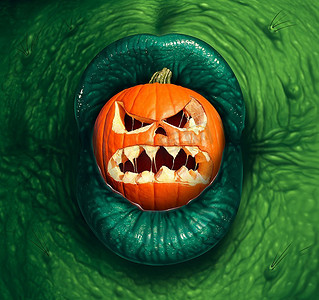 绿色怪兽摄影照片_万圣节怪兽杰克o灯笼是一个绿色女巫或食人魔角色，在3D插图风格中咬着南瓜，表情吓人。