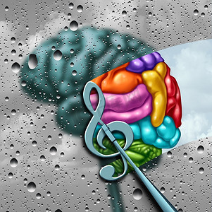 音乐大脑和音乐疗法作为一种歌曲音符创造性地唤醒了灰色的头脑，作为一种音频心理学或带有3D插图元素的精神病学。
