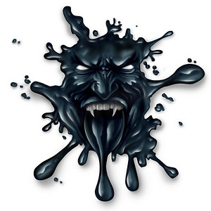 怪物设定摄影照片_可怕的石油泄漏溅起了一张怪物脸，象征着白色背景上的化石燃料和原油能源恐惧概念。