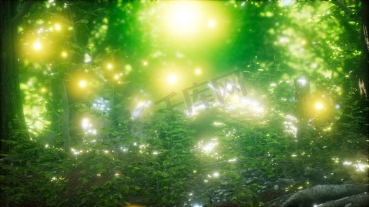 萤火虫在绿色的森林里飞翔。萤火虫在森林中飞翔
