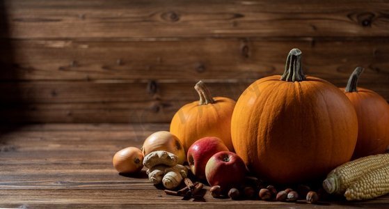 秋收静物，木质背景上有南瓜、苹果、榛子、玉米、生姜、洋葱和肉桂。木桌上的秋收