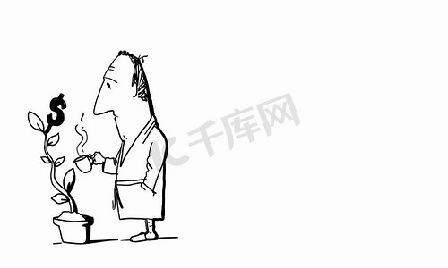 卡通滑稽小人。滑稽商人在白色背景上浇水摇钱树的漫画