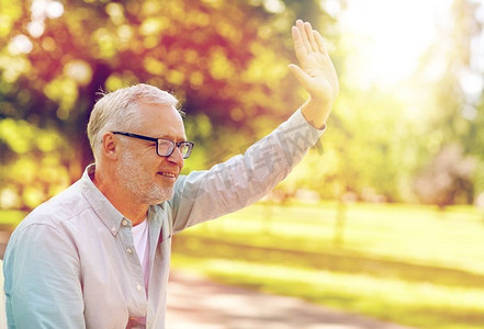 人的年龄摄影照片_老年、手势和人的概念快乐-戴眼镜的老人在夏季公园挥手。快乐的老人在夏令营挥手