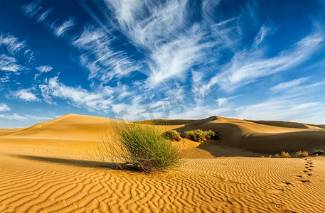地中海老头摄影照片_萨姆沙丘在塔尔沙漠的全景。印度拉贾斯坦邦。沙漠中的沙丘