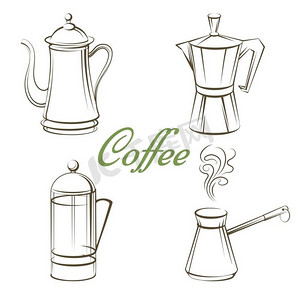 咖啡壶与招牌咖啡隔离。咖啡壶和标牌咖啡隔开白色背景。矢量插图