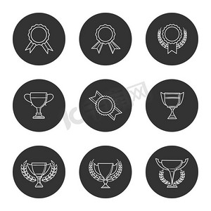 线形奖品和奖杯标志。奖项图标设置。向量线性奖品和奖杯标志