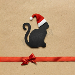 这是一张创意概念照片，照片中的圣诞猫戴着帽子，棕色背景上有标志。