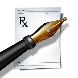 药房处方为病人写一张药物用药说明，作为药物治疗的保健符号作为3D插图。