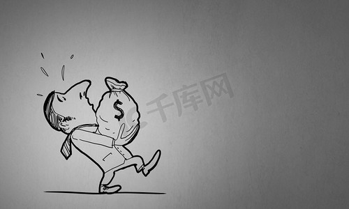 卡通滑稽小人。滑稽男子背着白底钱袋的漫画