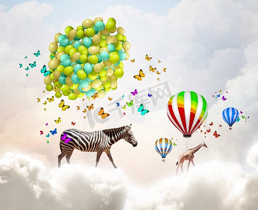 会飞的斑马。斑马乘着一串彩色气球在天空中飞翔的奇幻形象