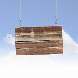 悬挂木板摄影照片_生态观。木质悬挂空白横幅的形象。文本的位置