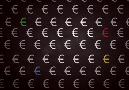 许多欧元的标志。深色底色为红色的欧元货币符号
