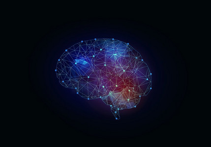 数字人脑。暗色背景下的数字蓝色网格大脑