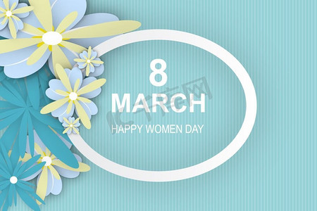 3月8日。S妇女节快乐。蓝色白纸剪裁花卉贺卡。方形边框，文本空间。潮流设计模板。插图