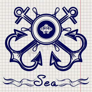 笔记本页上的皇家舰队徽章。皇家舰队徽章设计与手绘元素在笔记本页面。矢量插图