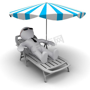 太阳伞摄影照片_3D男子打着太阳伞在海滩上