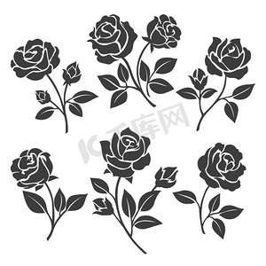 轮廓摄影照片_玫瑰剪影装饰套装。玫瑰剪影矢量插图。白色背景上孤立的玫瑰黑色花蕾和花茎