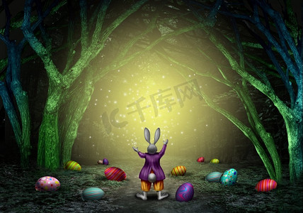 复活节魔法兔兔装饰彩蛋和闪闪发光的魔法森林中，作为一个春天的象征与3D插图元素。