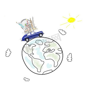 开车旅行。环游世界的旅行记忆。卡通星球车顶有著名纪念碑的蓝色复古玩具车。
