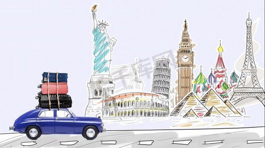 旅行箱旅游摄影照片_开车旅行。世界各地蓝色复古玩具车与著名纪念碑驾驶的旅行箱。
