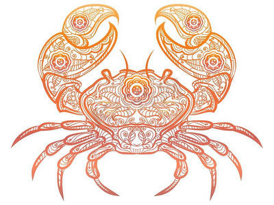 色彩鲜艳的螃蟹装饰涂鸦设计。白色背景上孤立的彩色螃蟹。矢量装饰的涂鸦蟹图案