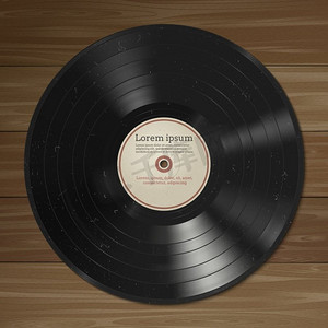 黑胶唱片..表面有灰尘的黑胶唱片的矢量插图。木质背景