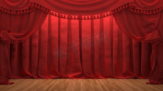 红色窗帘窗帘摄影照片_红色天鹅绒窗帘拉开了现场的序幕