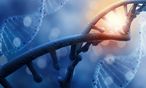 DNA分子。蓝色背景下DNA分子的生物化学概念