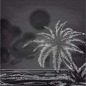 手绘粉笔摄影照片_粉笔棕榈树和海洋素描。粉笔棕榈树和海滨素描在黑板上的矢量