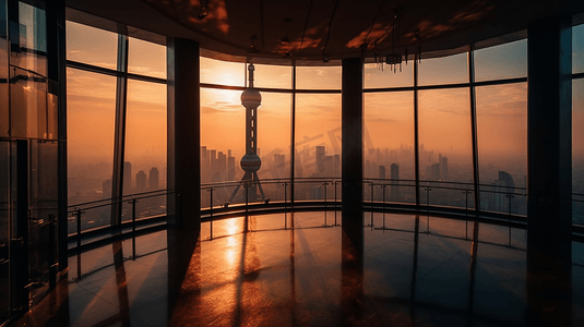 上海夕阳摄影照片_东方明珠电视塔内视角