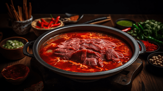 美食红汤火锅摄影图