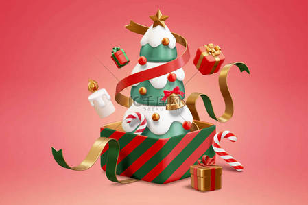 开着的背景图片_三维圣诞树在一个没有盒子的礼物。在一个开着的盒子里展示圣诞树的图例，盒子里有彩带、漂浮的蜡烛和更多未包装的礼物