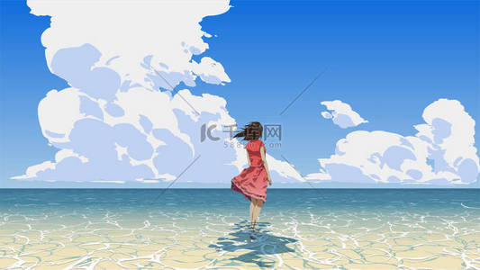 天空背景图片_站在海面上看夏日天空的女人，矢量图解