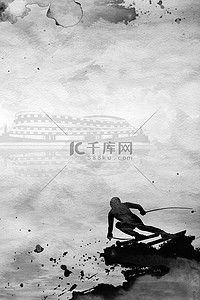水墨比赛背景图片_冬季运动会运动员剪影水墨风简约
