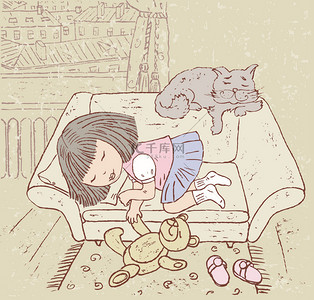 儿童手绘建筑背景图片_睡着的女孩和猫