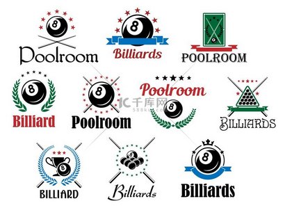各种台球游戏的标志和符号被隔离在白色上带有球交叉的球杆月桂花环和装饰元素