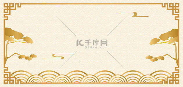 云背景图片_简约中国风云松树米色中式纹理边框背景