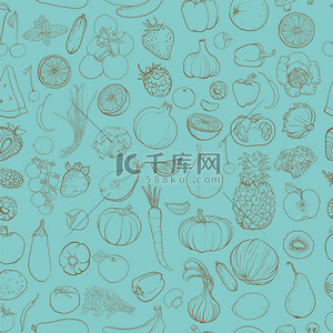 无缝矢量模式与轮廓绘图的蔬菜、 水果、 浆果