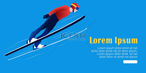 UI设计背景图片_一个抽象男子滑雪板在蓝色背景上跳跃的UI设计。Ski Jumping，北欧联合.
