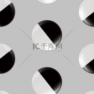 无缝隙抽象图案与玻璃黑色和白色球或珍贵珍珠。光滑逼真的球。3D矢量插图突出显示在浅灰背景上.金属泡沫.