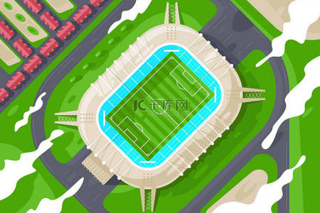 绿色体育场背景图片_扁平绿色体育场从高处为足球.