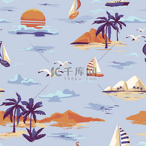 手绘背景图片_在白色背景的复古美丽无缝的岛屿图案。风景与棕榈树, 游艇, 海滩和海洋向量手绘风格