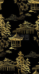庙宇設計背景图片_庙宇自然景观矢量画图日本东方线条艺术无缝