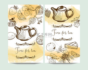 菜单背景图片_矢量垂直时间为茶叶横幅与手绘茶店元素水彩背景。包装, 茶叶店, 饮料菜单, 顺势疗法和保健产品的设计.