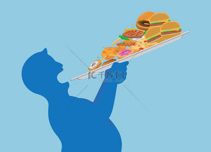 敢于尝试背景图片_胖子尝试一次吞下所有的垃圾食品, 举起托盘。关于暴饮暴食的说明.
