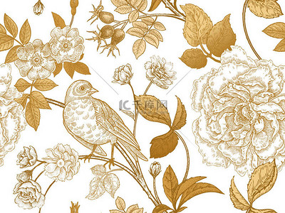 白色玫瑰背景图片_花园花玫瑰, 牡丹和狗玫瑰, 鸟在树枝上。花卉复古无缝图案。金色和白色。维多利亚风格。矢量插图。豪华纺织品模板, 纸, 墙纸.