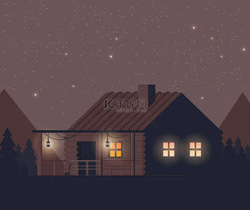 矢量插图平面。夜森林与房子