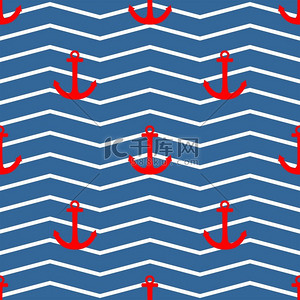 平铺水手矢量模式与白色和蓝色条纹背景上的红色锚点